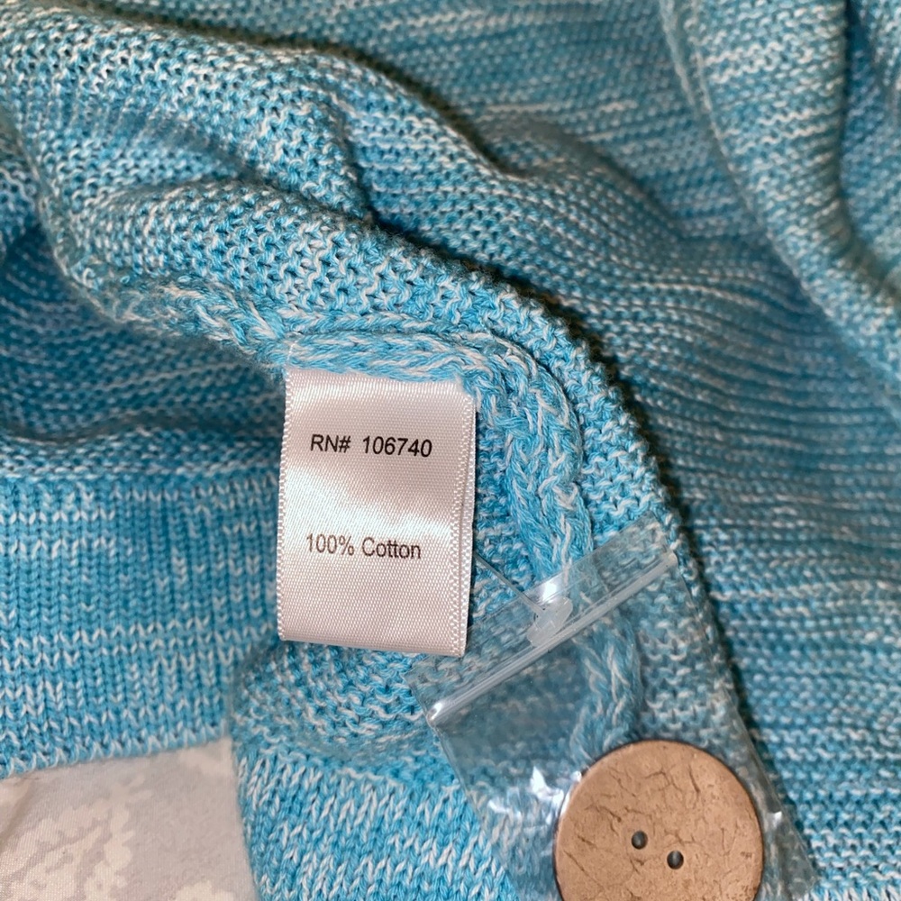 Cardigan Sweater 3X Teal Knit Open Long 1-Button Rolled Trim V-Neck Cottagecore - Picture 10 of 14